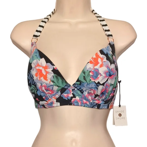 SHADE & SHORE Colorful Blue Floral Print White Stripe Halter Bikini Top 34D - Picture 2 of 9